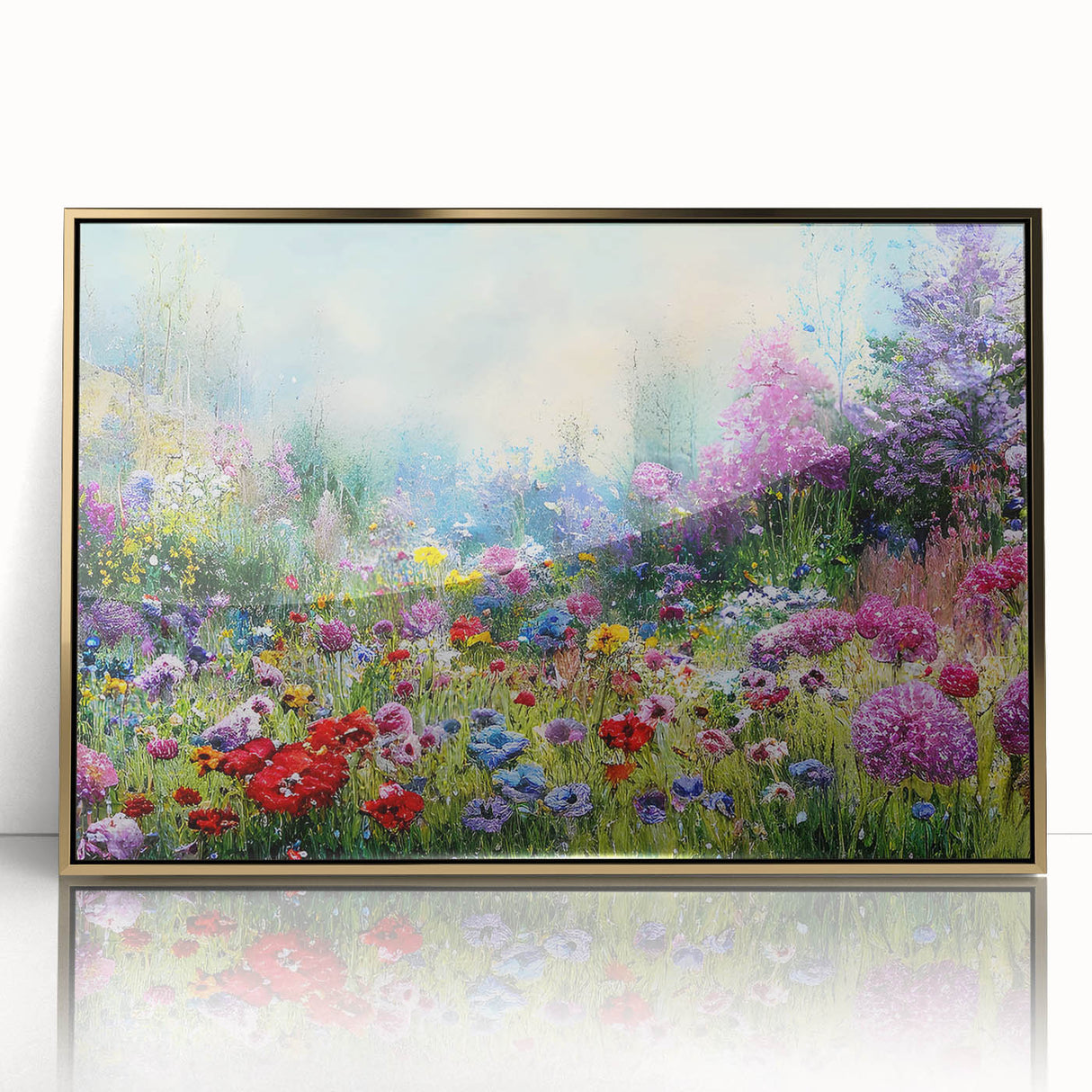 Framed wall art featuring a stunning landscapes and gardens design, with a gold acrylic front, perfect for enhancing home decor and adding a touch of elegance.