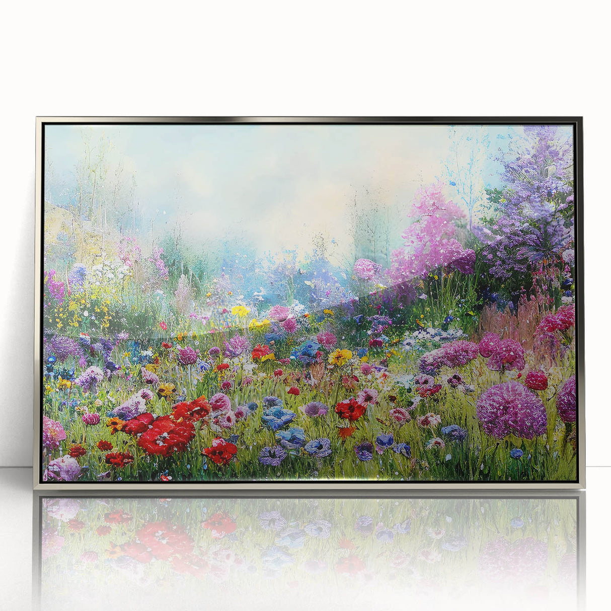Framed acrylic wall art showcasing a contemporary landscape garden design with silver accents, ideal for modern home decor, highlighting vibrant colors and intricate details.