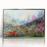 Framed acrylic wall art showcasing a contemporary landscape garden design with silver accents, ideal for modern home decor, highlighting vibrant colors and intricate details.
