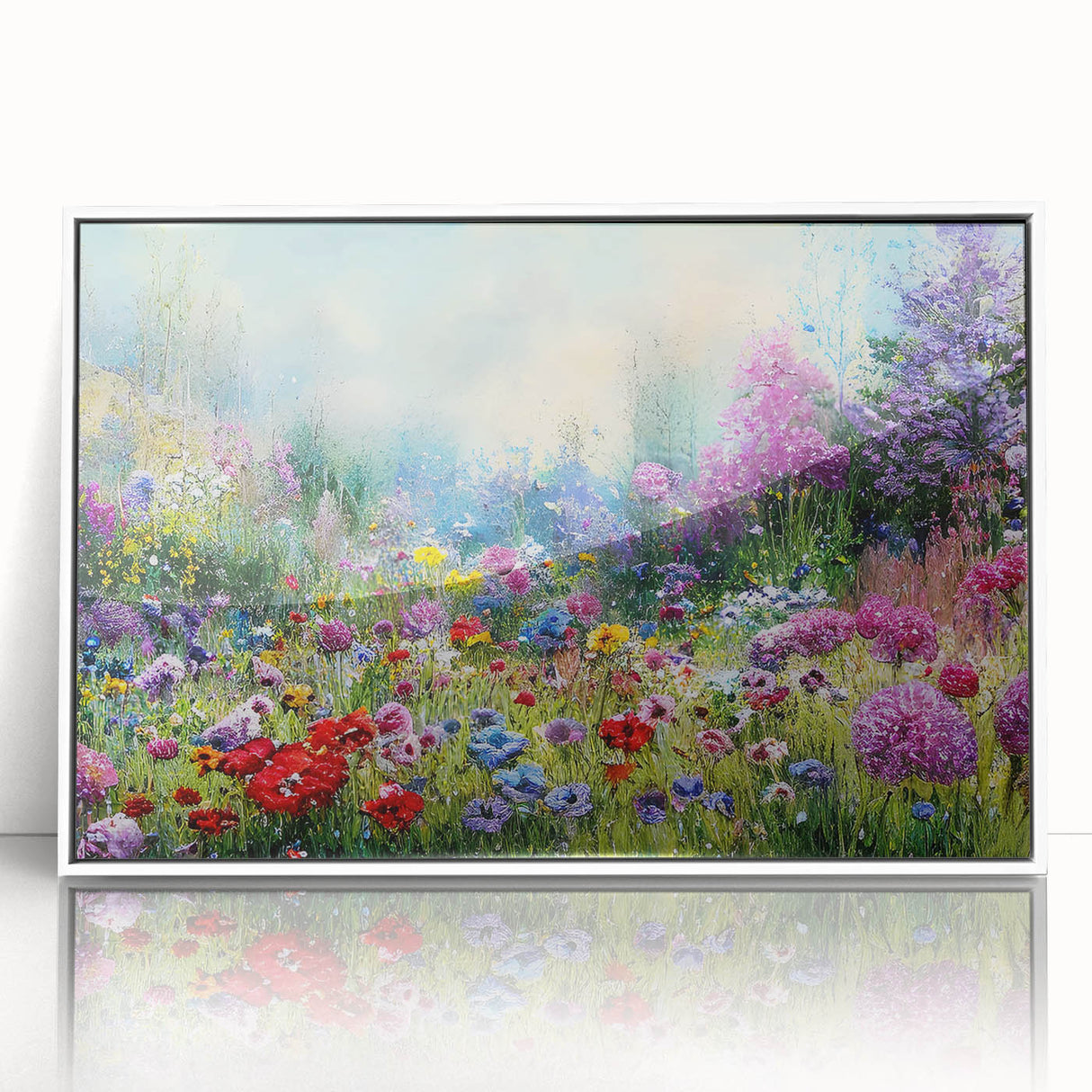 Framed wall art collection showcasing a vibrant landscape and garden design, featuring rich colors and intricate details, presented in a sleek white frame for modern decor.