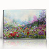 Framed wall art collection showcasing a vibrant landscape and garden design, featuring rich colors and intricate details, presented in a sleek white frame for modern decor.