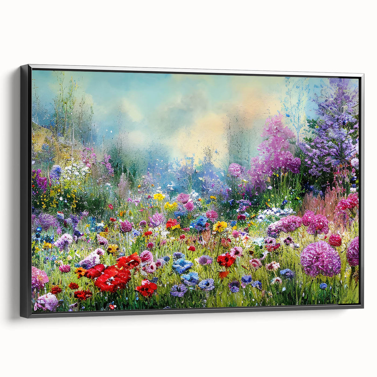Framed canvas wall art showcasing a vibrant landscape design, featuring lush gardens and serene colors, presented in a sleek black frame, ideal for home decor.