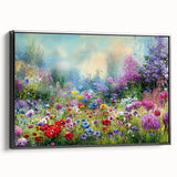 Framed canvas wall art showcasing a vibrant landscape design, featuring lush gardens and serene colors, presented in a sleek black frame, ideal for home decor.