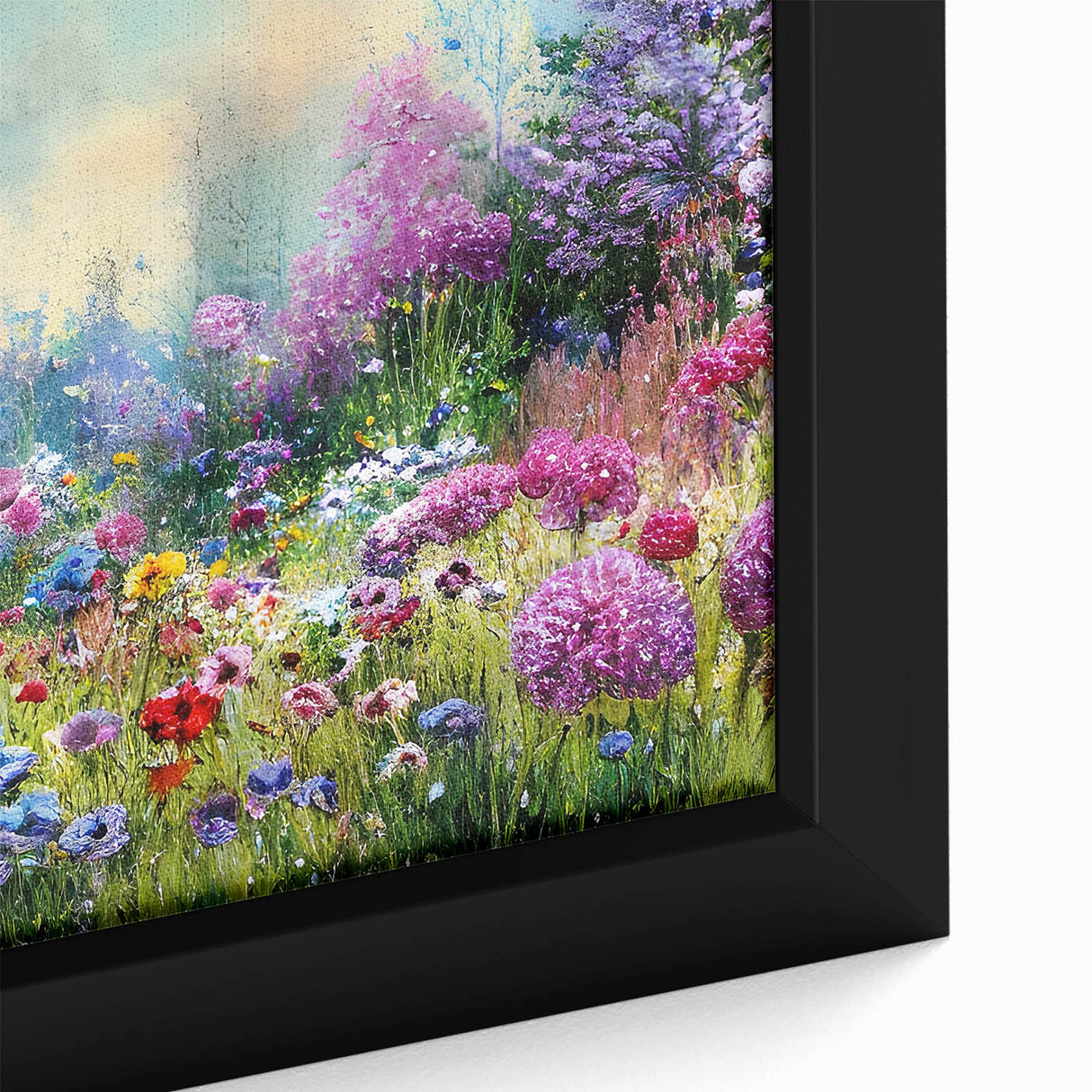 Close-up of a framed canvas featuring vibrant landscape and garden designs, showcasing intricate details and rich colors, perfect for home decor enhancement.