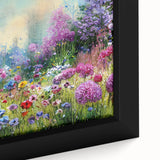 Close-up of a framed canvas featuring vibrant landscape and garden designs, showcasing intricate details and rich colors, perfect for home decor enhancement.
