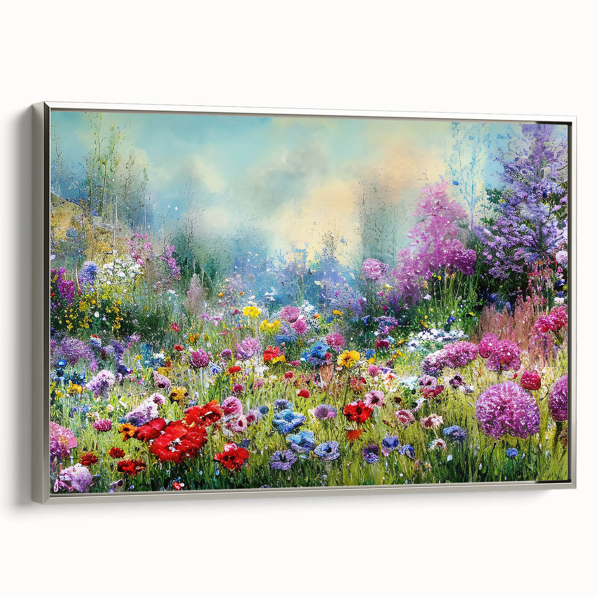 Framed canvas wall art collection showcasing a serene landscape garden design with silver accents, perfect for enhancing home decor and creating a calming atmosphere.