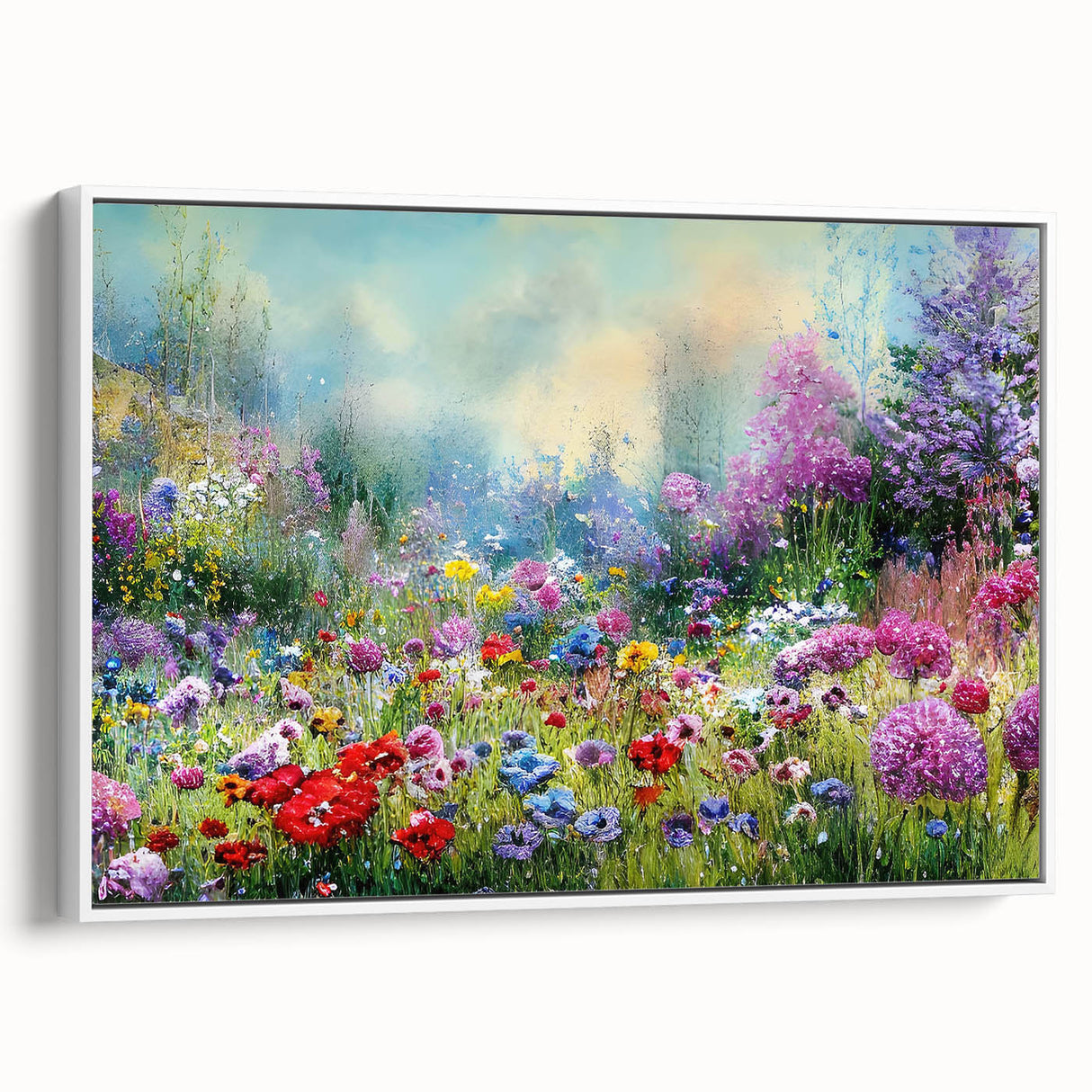 Framed canvas wall art showcasing a serene landscape garden design, featuring vibrant greens and blues, elegantly displayed in a white frame for a modern touch.