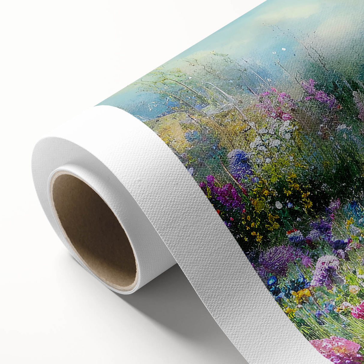 Rolled canvas artwork showcasing a serene landscape garden design, featuring vibrant colors and intricate details, packaged securely in a protective cardboard tube.