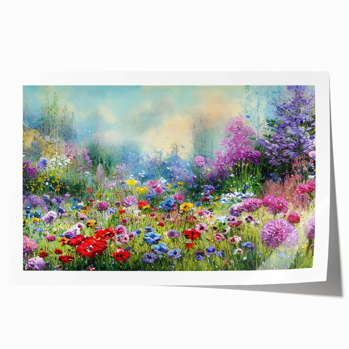 Rolled print of a vibrant landscape garden design featuring lush greenery and colorful flowers, ideal for home decor, packaged in a protective tube for safe shipping.