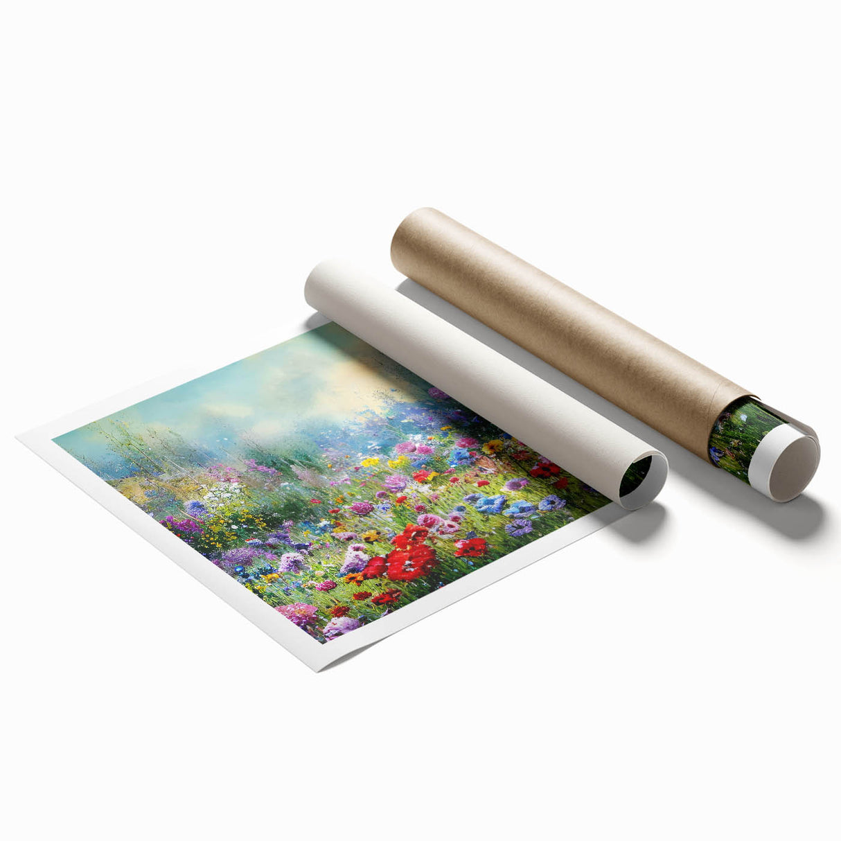 Rolled print showcasing a vibrant landscape garden design with lush greenery and colorful floral elements, ideal for enhancing interior decor.
