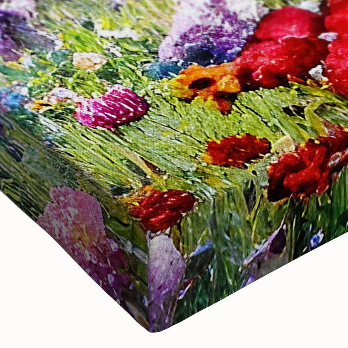 Close-up of a vibrant stretched canvas wall art piece showcasing an abstract landscape design, featuring rich colors and intricate details, perfect for enhancing home décor.