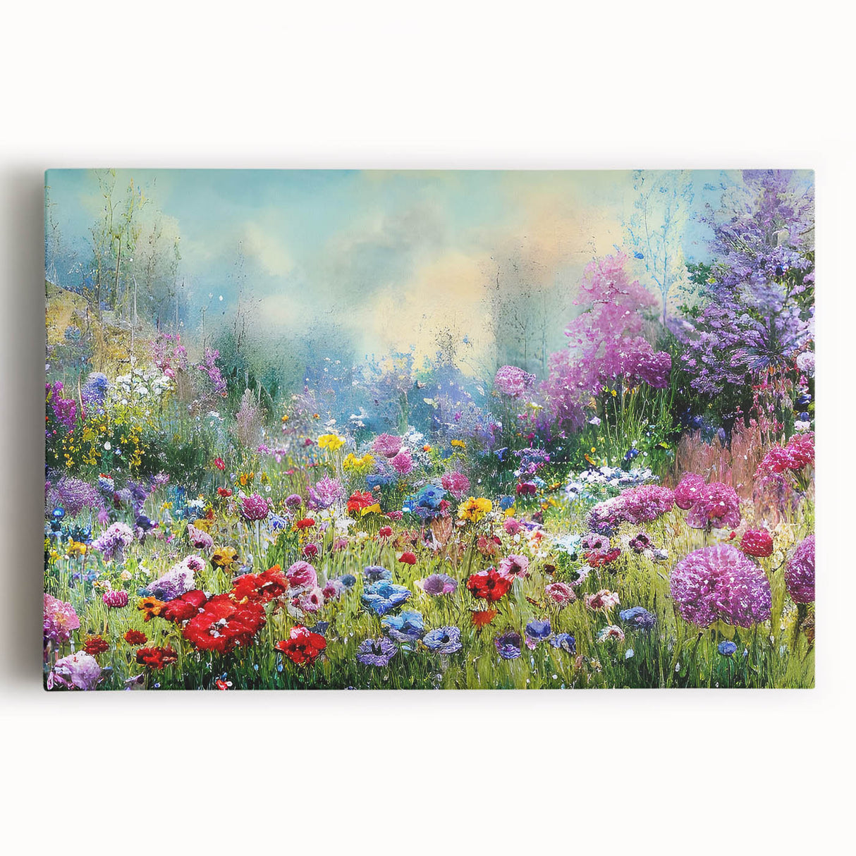 Stretched canvas wall art showcasing a vibrant, abstract landscape with lush greenery and colorful flowers, ideal for enhancing home décor in any setting.