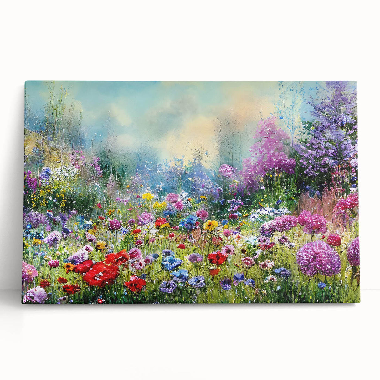 Stretched canvas wall art showcasing a vibrant landscape garden design, featuring lush greenery and colorful flowers, perfect for enhancing home decor aesthetics.