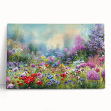 Stretched canvas wall art showcasing a vibrant landscape garden design, featuring lush greenery and colorful flowers, perfect for enhancing home decor aesthetics.