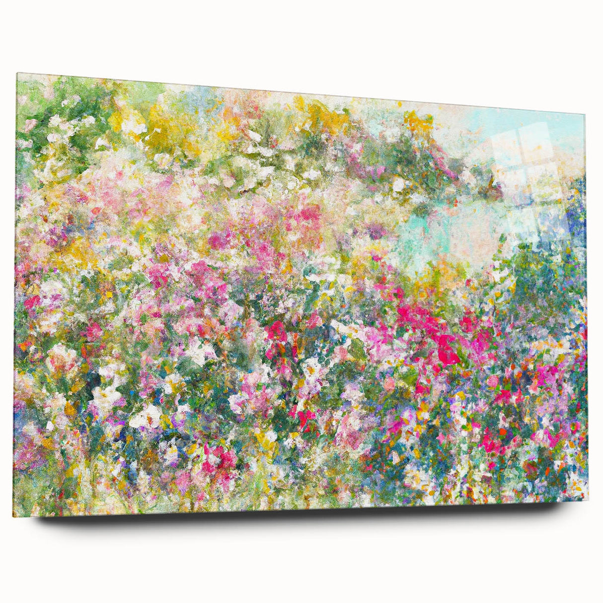 Acrylic glass wall art showcasing a vibrant landscape garden design, displayed from a side view, featuring rich colors and intricate details, perfect for home decor.