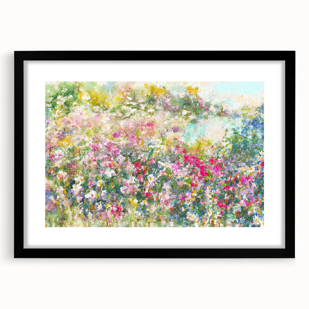 Framed black wall art featuring a stunning landscape garden design, with a white mat adding depth and elegance, perfect for enhancing home decor.