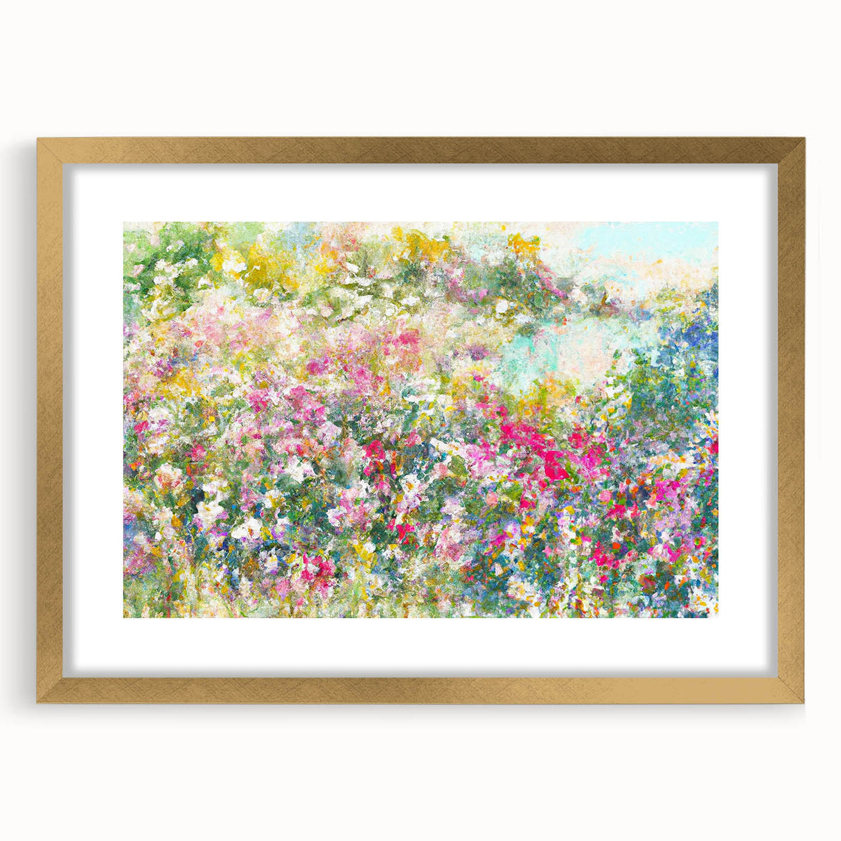 Framed wall art collection featuring a beautifully designed landscape garden scene with a gold mat, showcasing vibrant colors and intricate details, ideal for home decor.