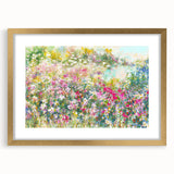 Framed wall art collection featuring a beautifully designed landscape garden scene with a gold mat, showcasing vibrant colors and intricate details, ideal for home decor.