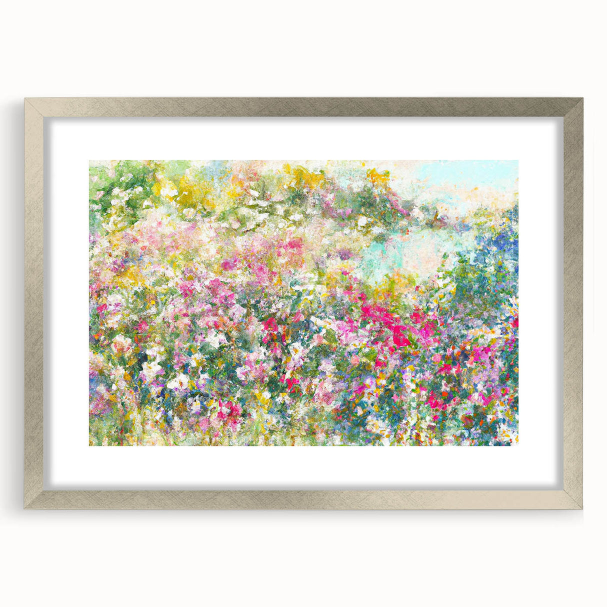 Elegant silver-framed wall art featuring a serene landscape design, complete with a white mat for added depth, perfect for enhancing home decor in any setting.