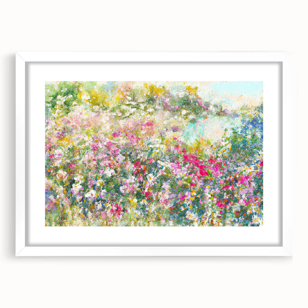 Framed wall art collection showcasing a serene landscape garden design, featuring vibrant colors and intricate details, with a white mat and sleek frame, ideal for home decor.