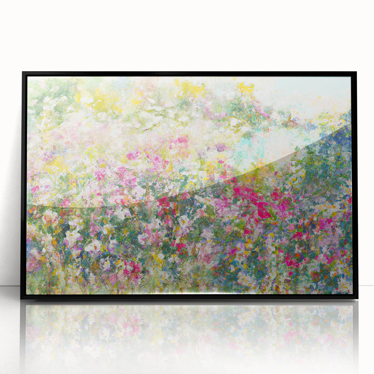 Framed wall art featuring a vibrant landscape garden design with rich colors, set in a sleek black frame, perfect for home decor enhancement.