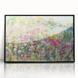 Framed wall art featuring a vibrant landscape garden design with rich colors, set in a sleek black frame, perfect for home decor enhancement.