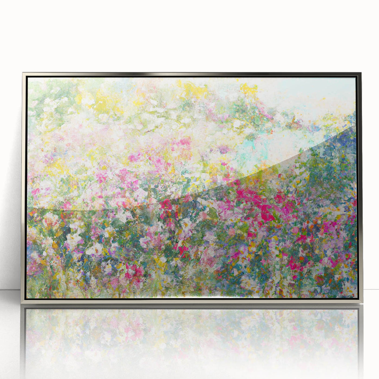 Framed acrylic wall art showcasing a serene landscape garden design with vibrant colors, silver frame, and glass front. Perfect for home decor enhancement.