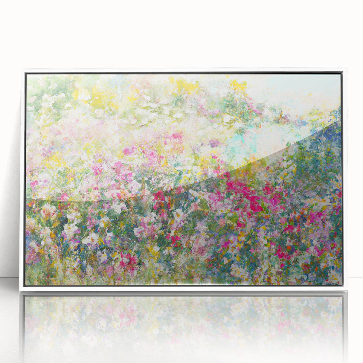 Framed acrylic wall art showcasing a vibrant landscape garden design, featuring lush greenery and colorful flowers, set against a white background for a modern aesthetic. Ideal for enhancing home decor with a touch of nature.