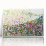 Framed acrylic wall art showcasing a vibrant landscape garden design, featuring lush greenery and colorful flowers, set against a white background for a modern aesthetic. Ideal for enhancing home decor with a touch of nature.