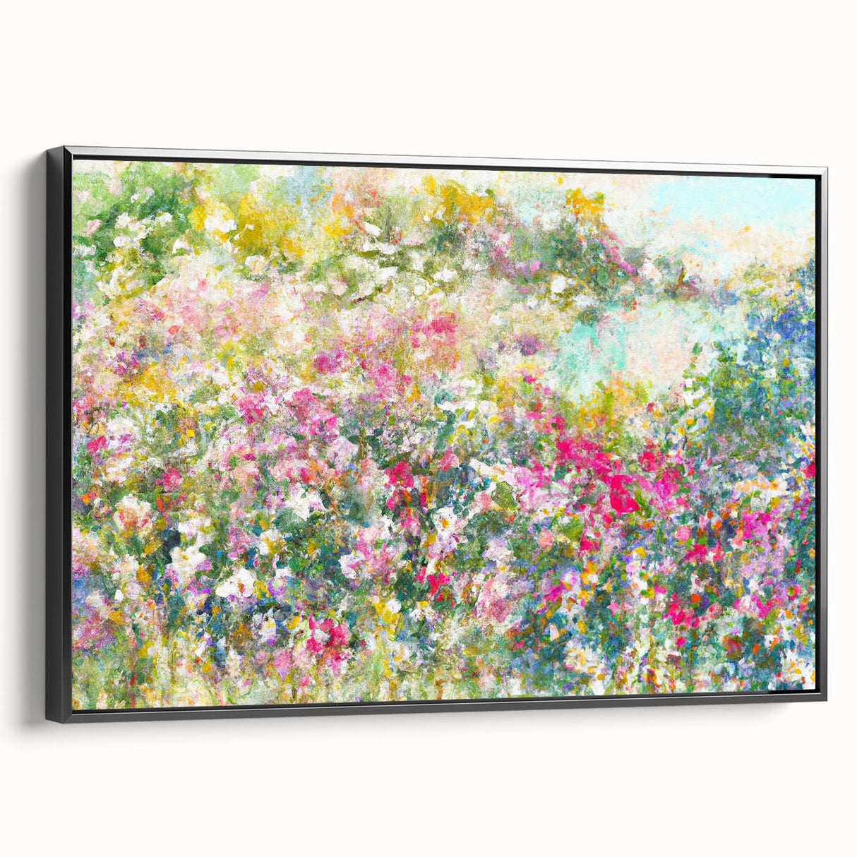 Framed canvas wall art showcasing a vibrant landscape garden design, featuring lush greenery and colorful blooms, presented in a sleek black frame from a side view.