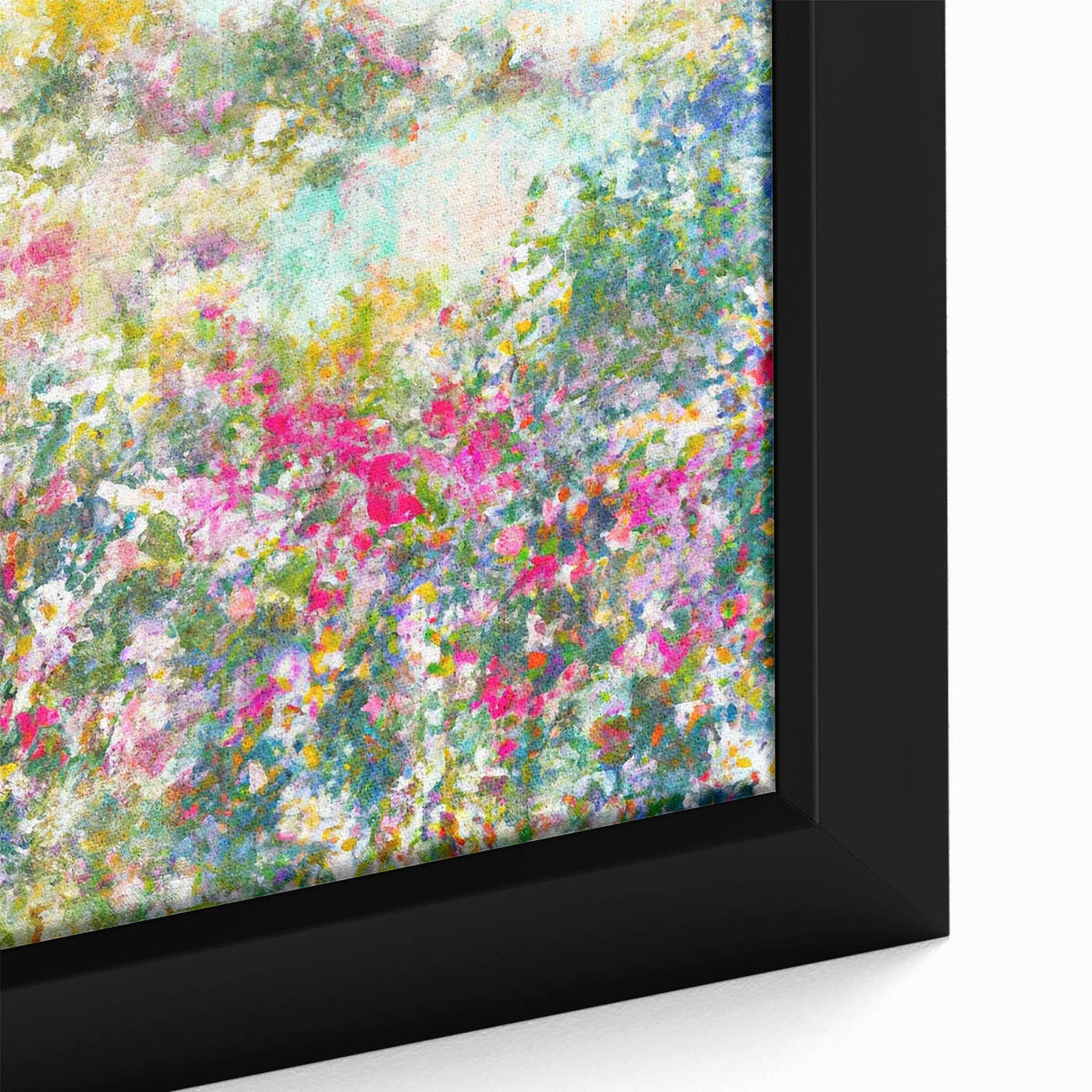 Framed canvas wall art featuring a vibrant landscape garden design, showcasing rich colors and intricate details, ideal for home decor and interior design enthusiasts.