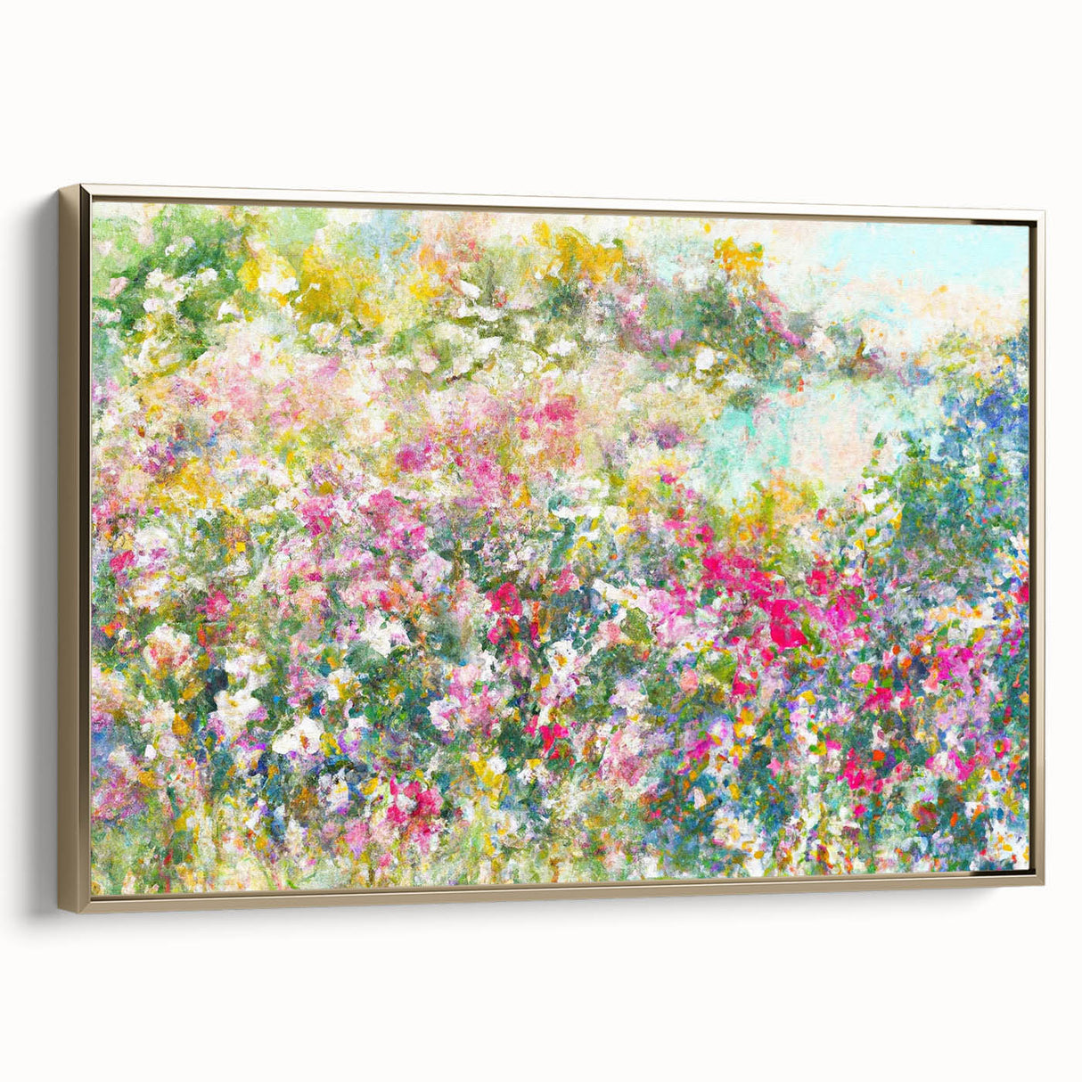 Framed canvas wall art featuring a stunning landscape garden design with gold accents, showcasing vibrant colors and intricate details from a side view perspective.