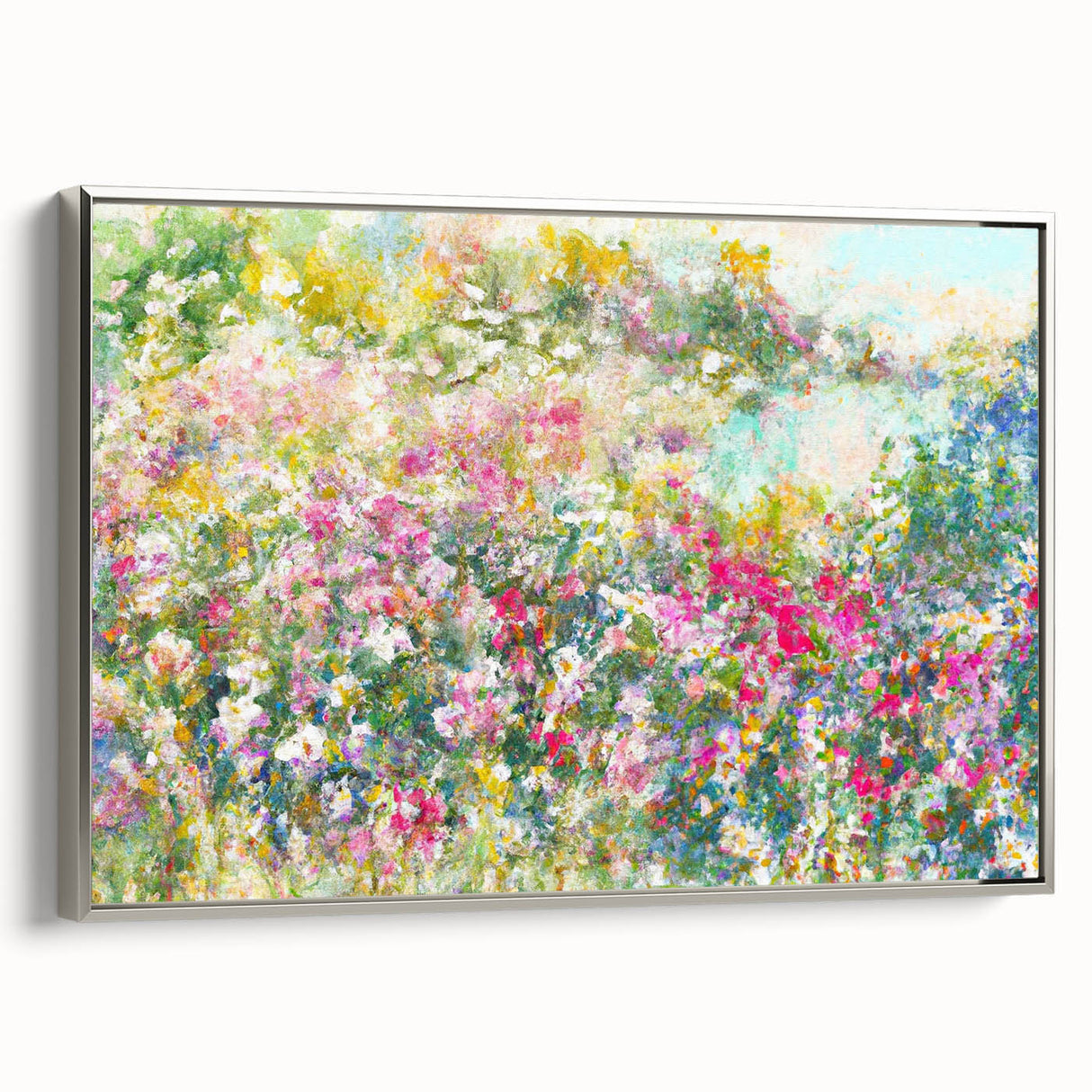 Framed canvas wall art collection showcasing a vibrant landscape garden design with intricate details and a silver frame, perfect for enhancing home decor.