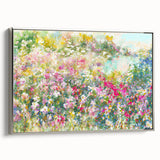Framed canvas wall art collection showcasing a vibrant landscape garden design with intricate details and a silver frame, perfect for enhancing home decor.