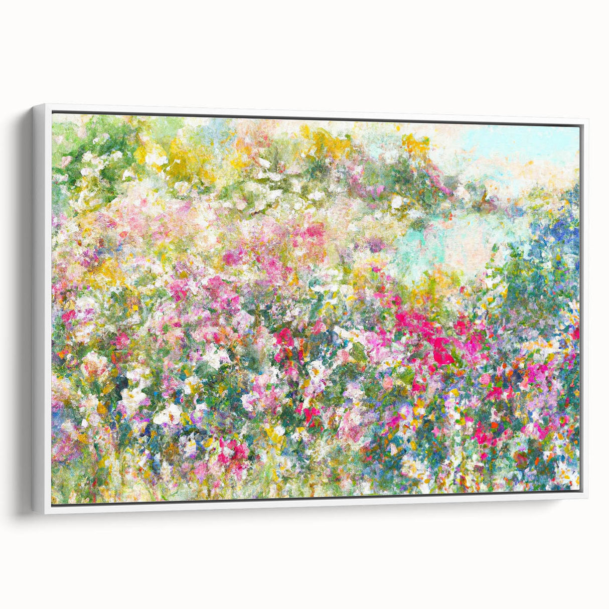 Framed canvas wall art showcasing a serene landscape design with lush greenery and soft hues, elegantly displayed in a sleek white frame, ideal for home decor.