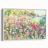 Framed canvas wall art showcasing a serene landscape design with lush greenery and soft hues, elegantly displayed in a sleek white frame, ideal for home decor.