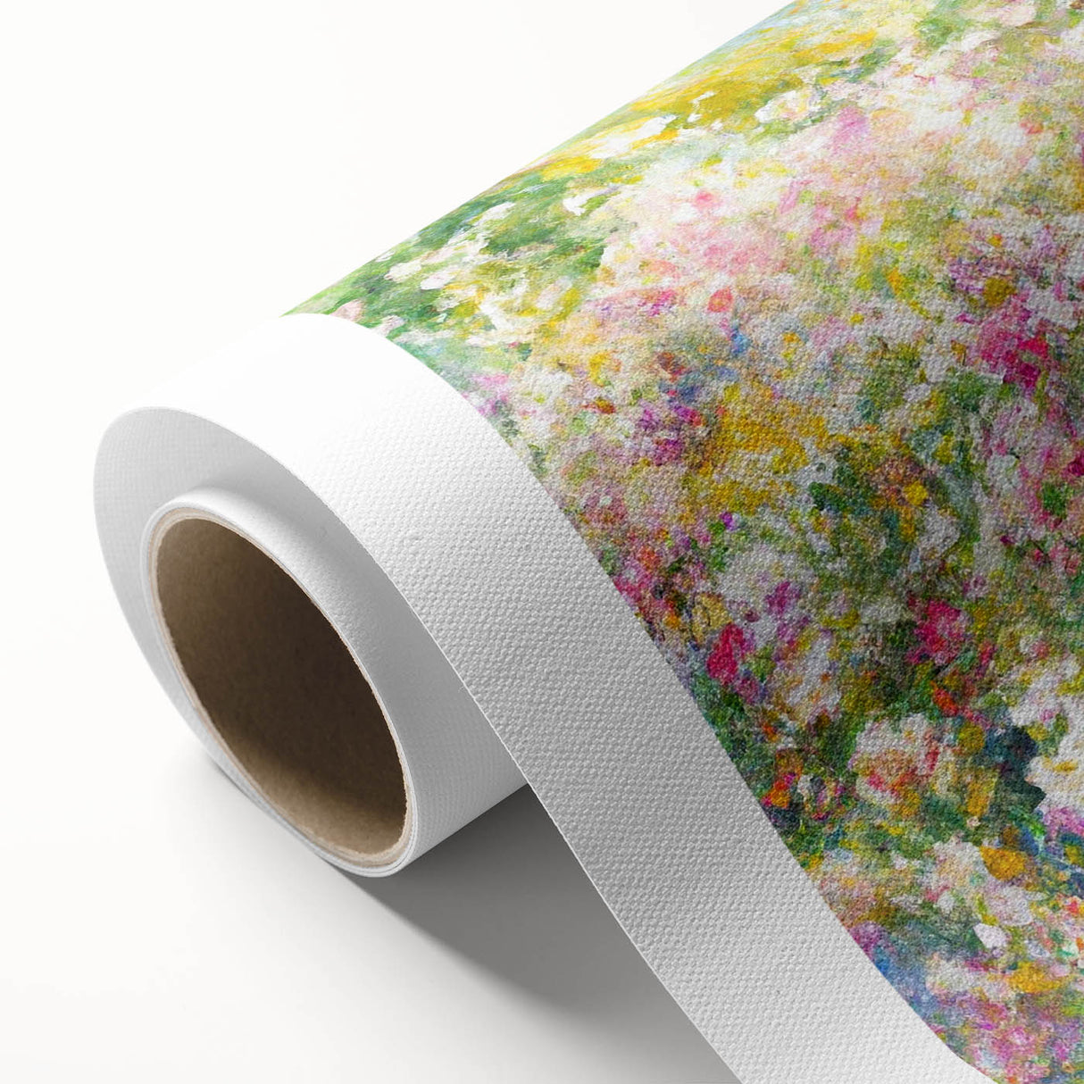 Rolled canvas wall art showcasing a vibrant landscape garden design with lush greenery and colorful flowers, ideal for home decor. Packaged securely in a protective cardboard tube for safe delivery.