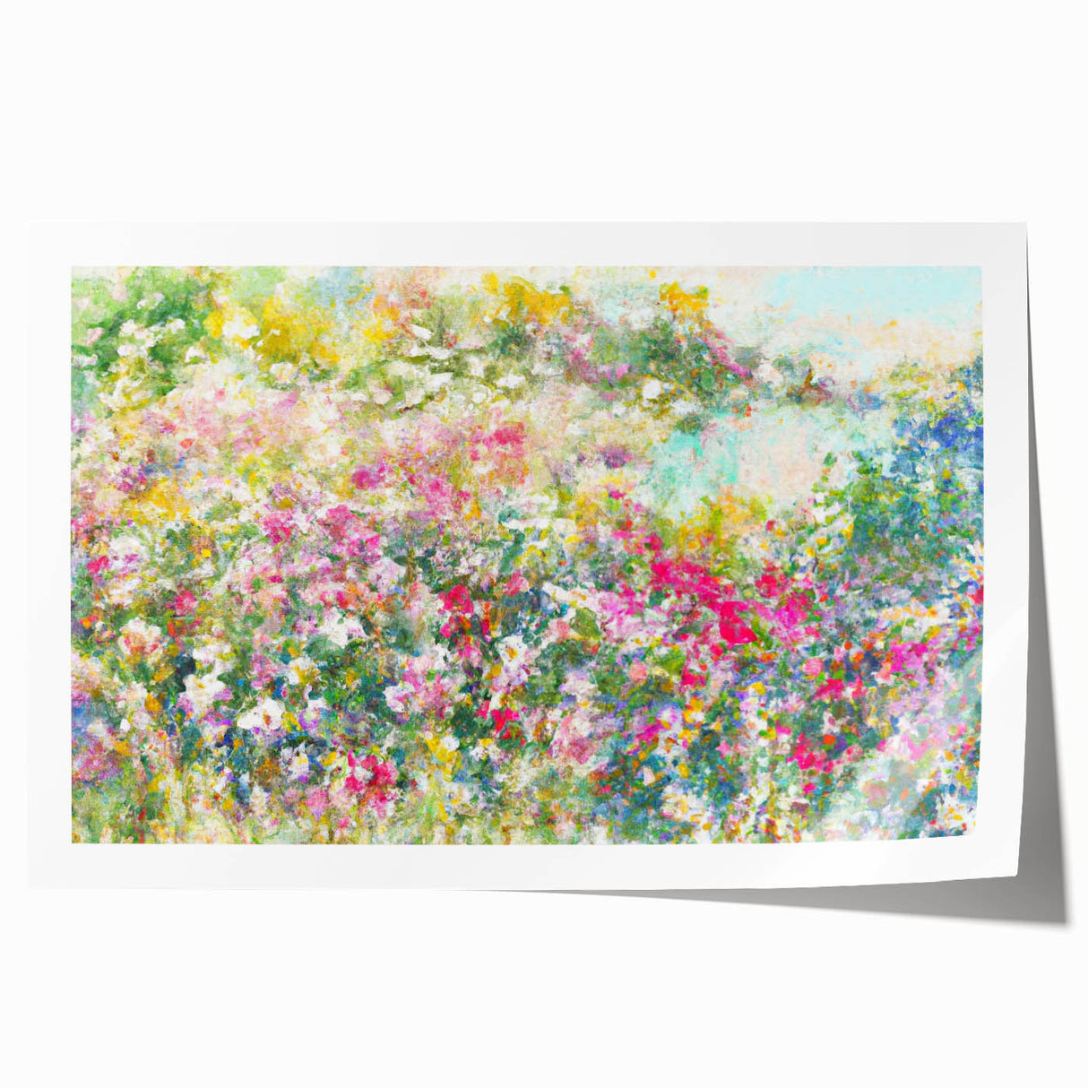 Rolled print showcasing a vibrant landscape garden design with lush greenery and colorful flowers, ideal for home decor, packaged securely in a cardboard tube.