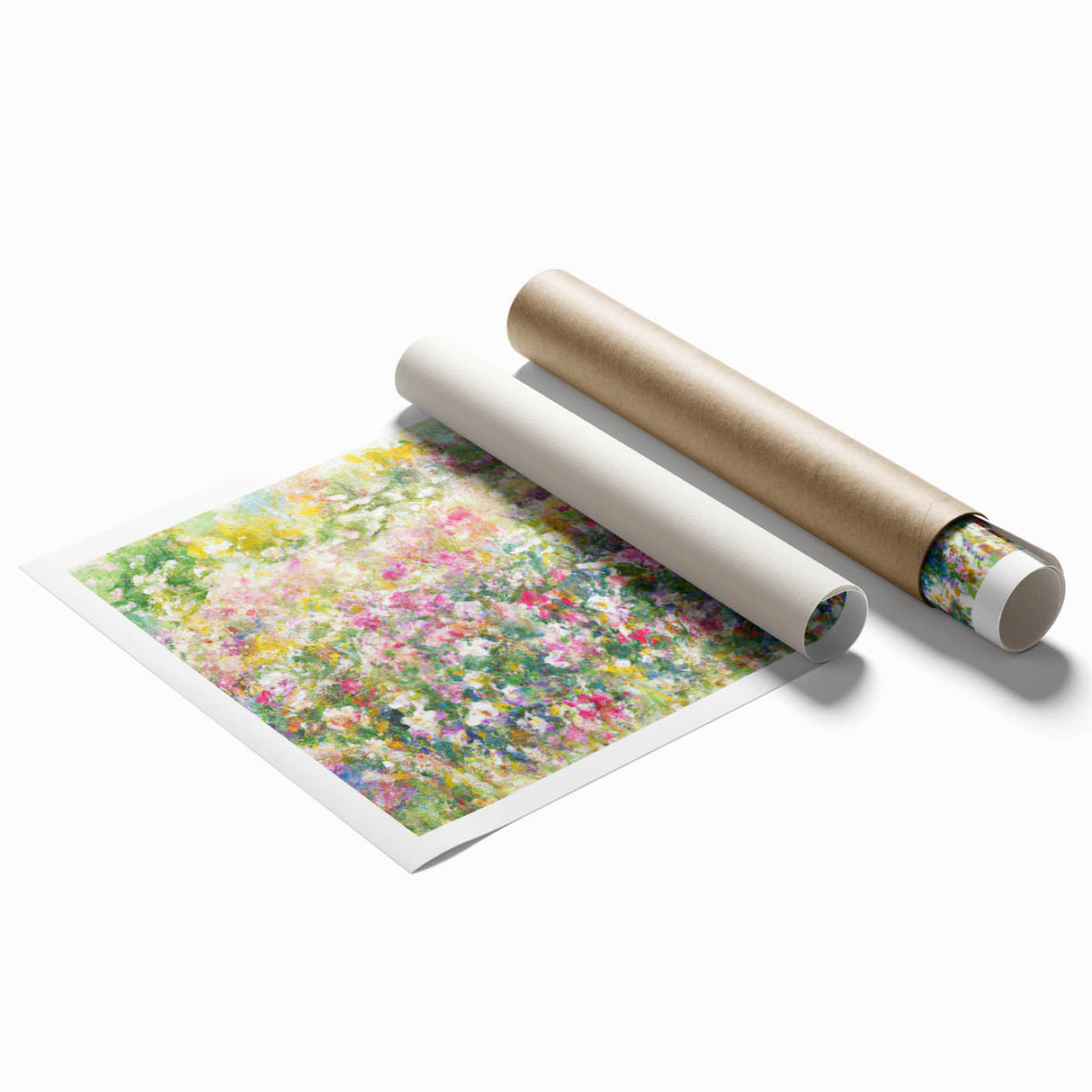Vibrant rolled print showcasing a stunning landscape garden design with lush greenery and colorful flowers, ideal for home decor and artistic enhancement.