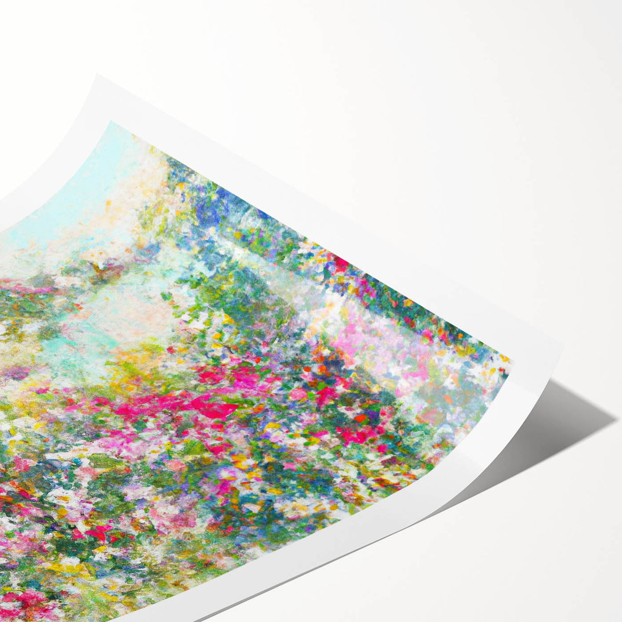 Rolled print showcasing a vibrant landscape garden design with lush greenery and colorful flowers, ideal for home decor and interior design enthusiasts.