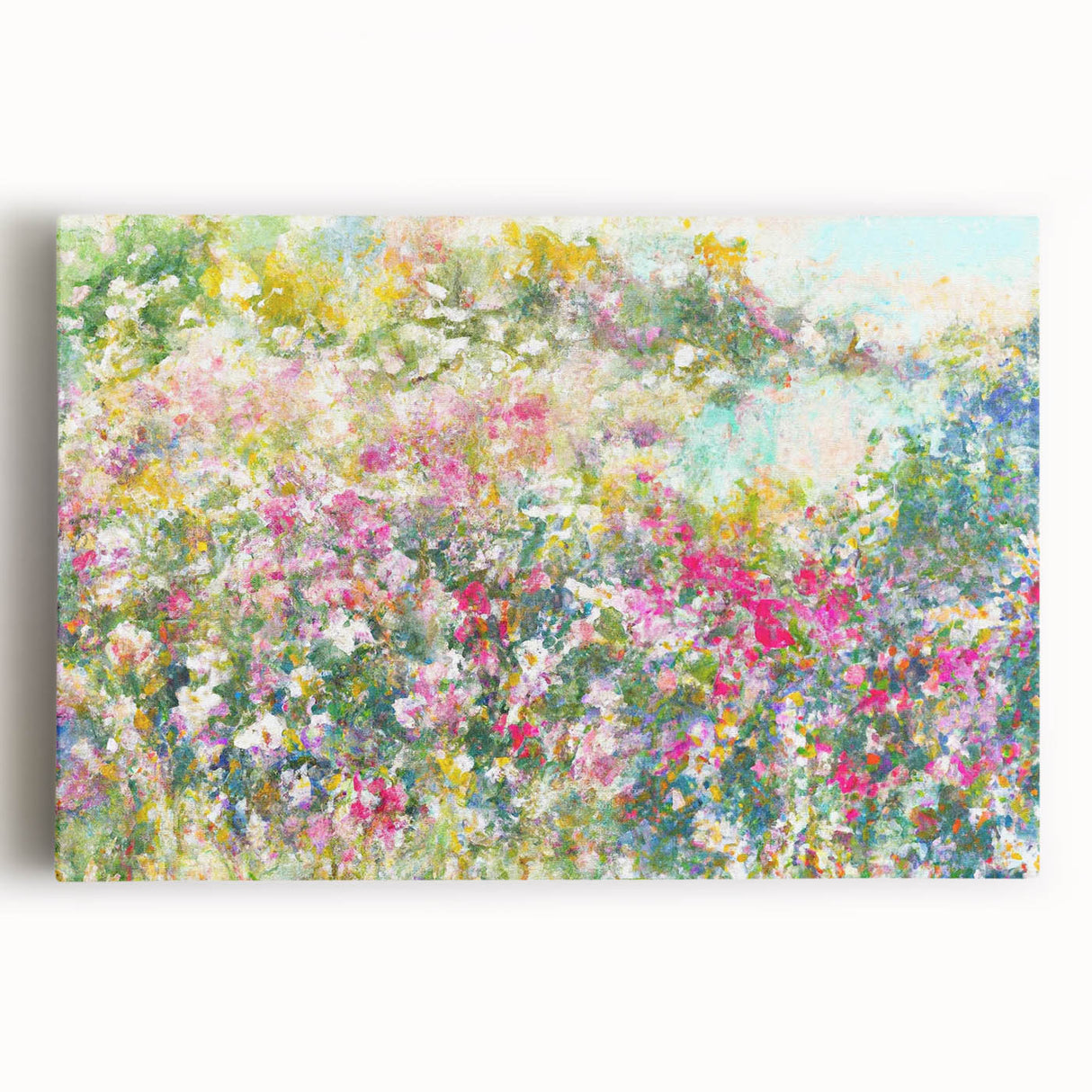 Stretched canvas artwork showcasing a vibrant landscapes and gardens design, featuring lush greenery and colorful flowers, perfect for home decor enhancement.