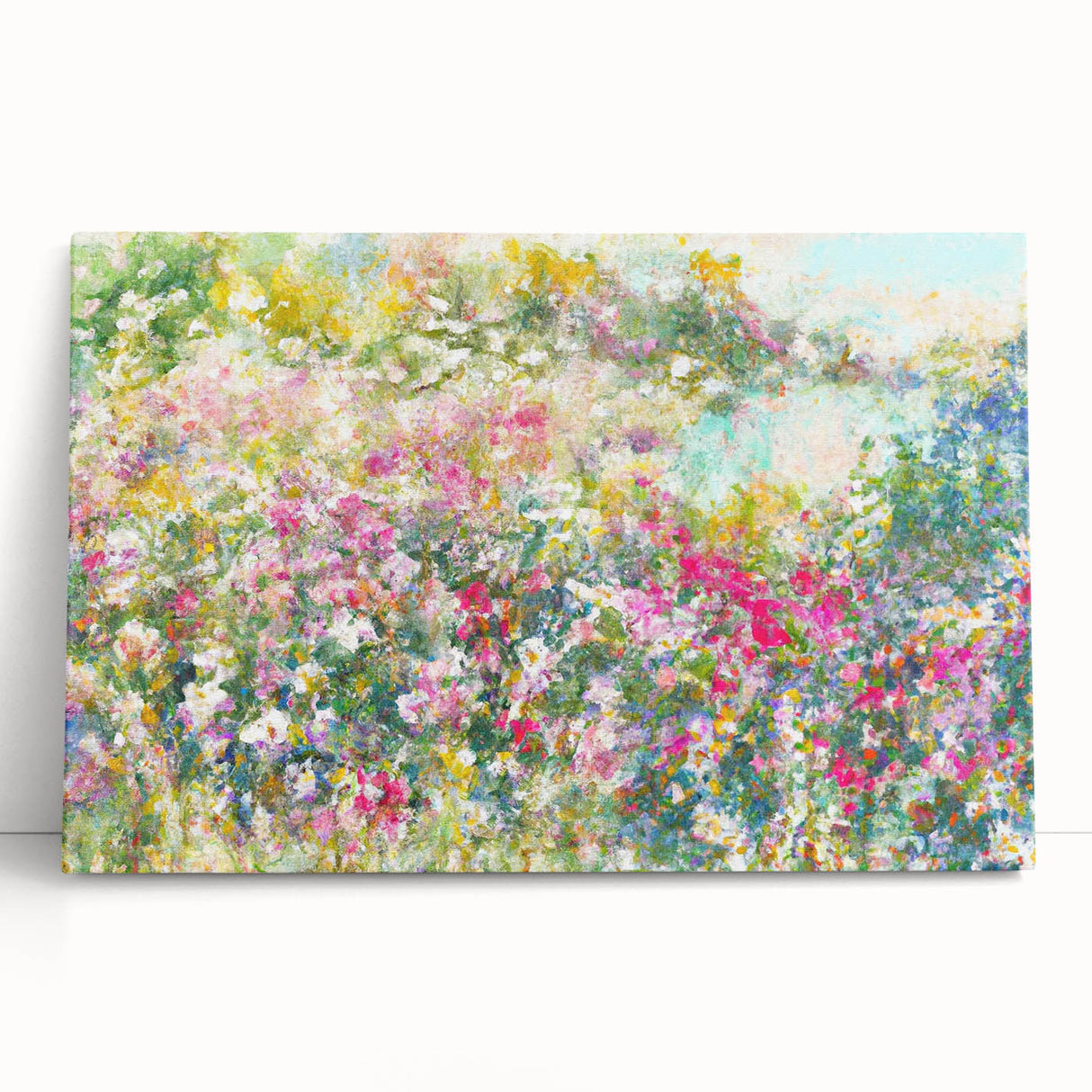 Stretched canvas wall art showcasing a vibrant landscape garden design, featuring lush greenery and colorful flowers, enhancing home decor aesthetics.
