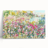 Stretched canvas wall art showcasing a vibrant landscape garden design, featuring lush greenery and colorful flowers, enhancing home decor aesthetics.