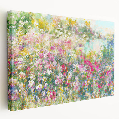 Stretched canvas featuring a vibrant landscape garden design, showcasing lush greenery and colorful flowers, perfect for home decor. The side view highlights its sleek profile and ready-to-hang format, ideal for enhancing living spaces.