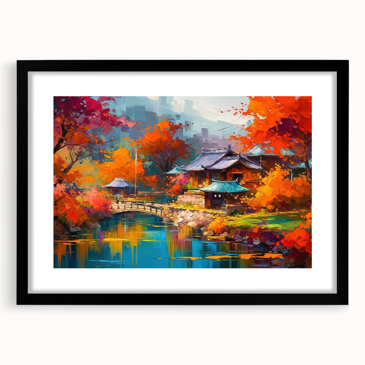 Framed wall art collection showcasing a vibrant landscape garden design, featuring a black frame and mat, ideal for adding elegance to home decor.