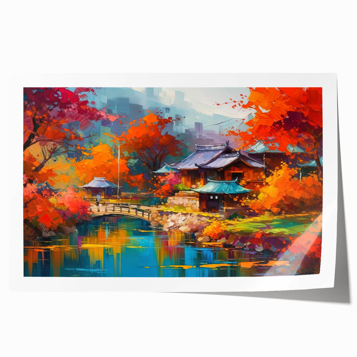 Vibrant rolled wall art print showcasing a serene landscape garden design with lush greenery and colorful flowers, ideal for home decor. Packaged securely in a cardboard tube for safe delivery.