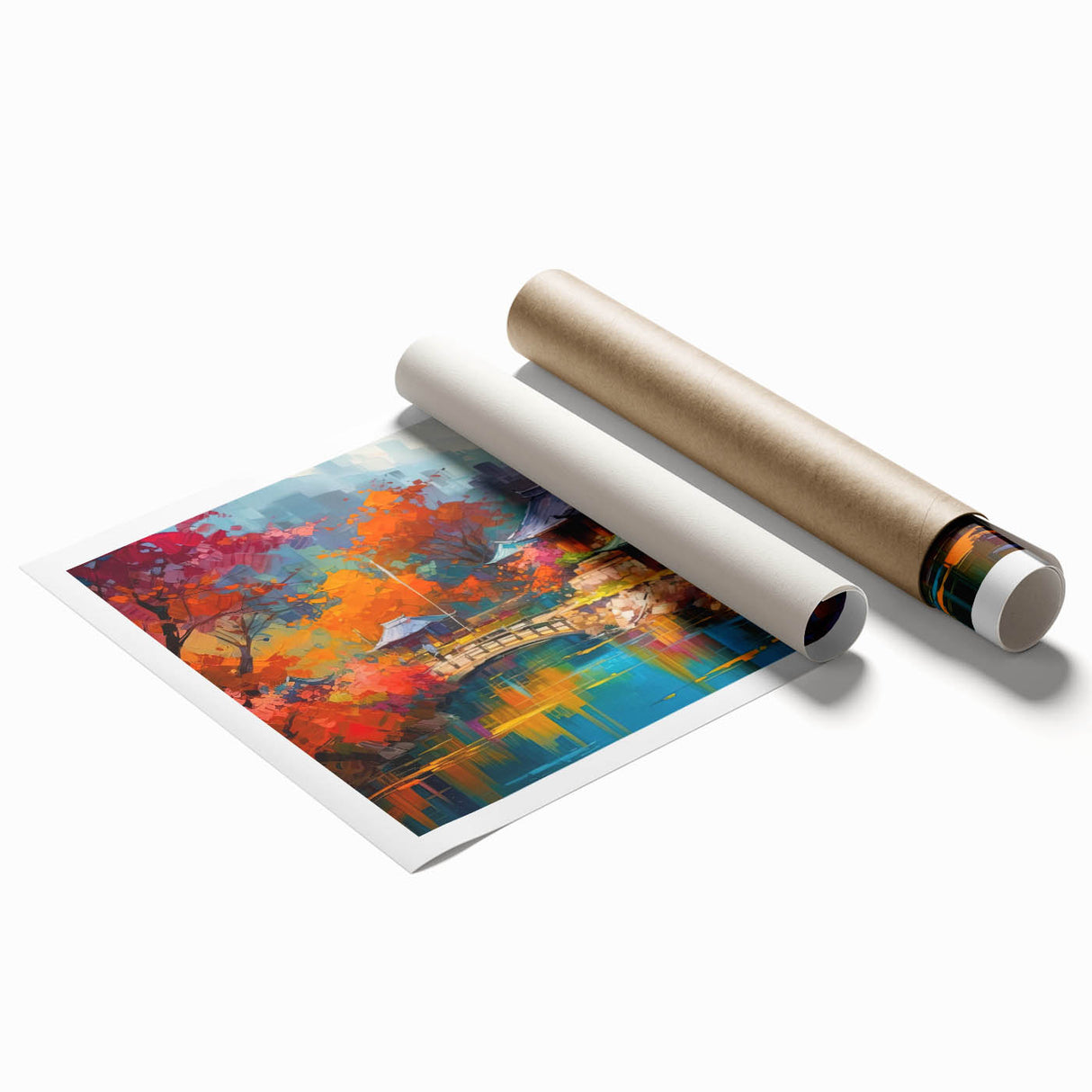 Vibrant rolled print showcasing a serene landscape garden design, featuring lush greenery and colorful flowers, ideal for home decor and art enthusiasts.