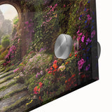 Close-up of an acrylic glass wall art piece showcasing a vibrant landscape garden design with rich colors and intricate details, perfect for home decor.