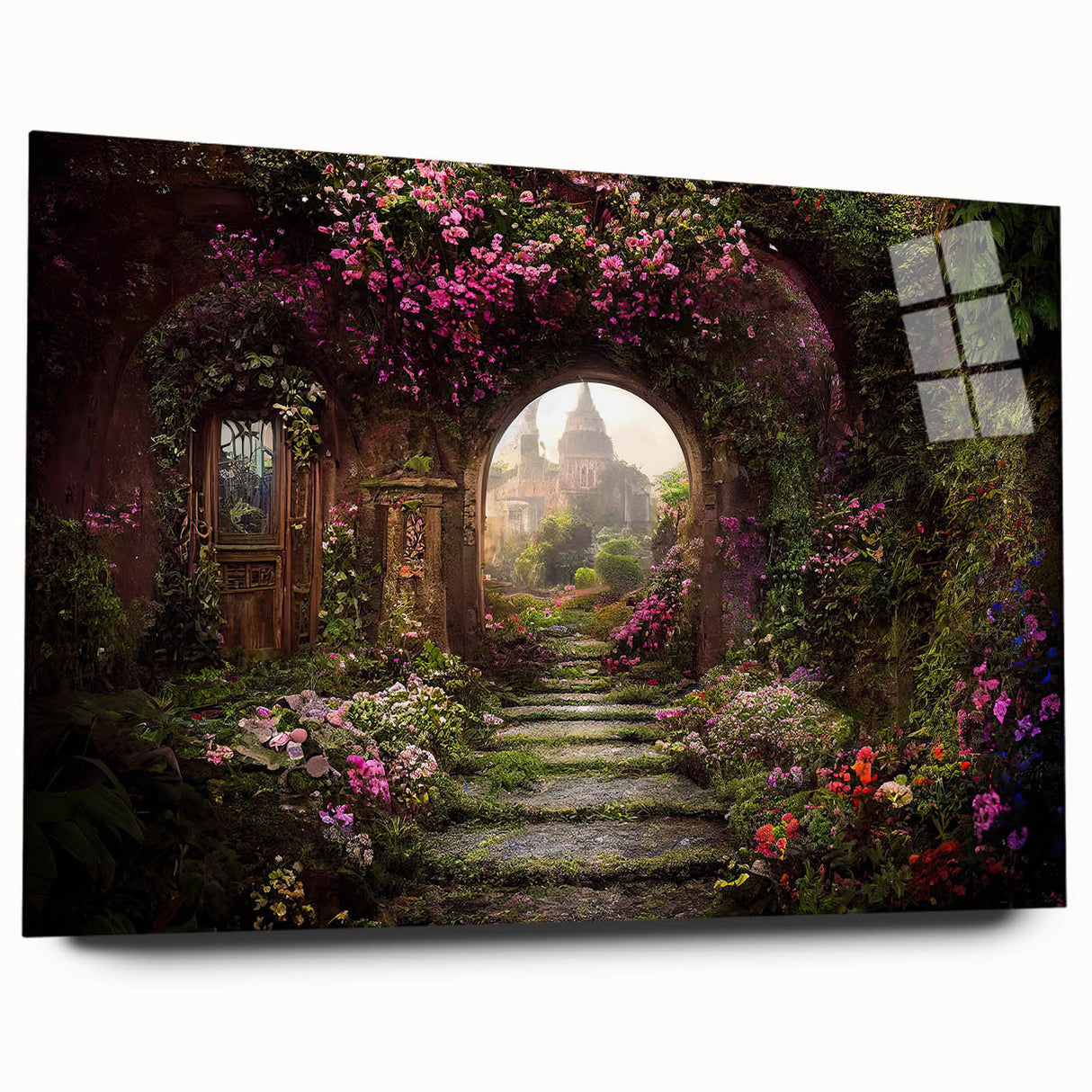 Acrylic glass wall art collection showcasing a vibrant landscape garden design, viewed from the side, highlighting rich colors and intricate details, perfect for home decor.