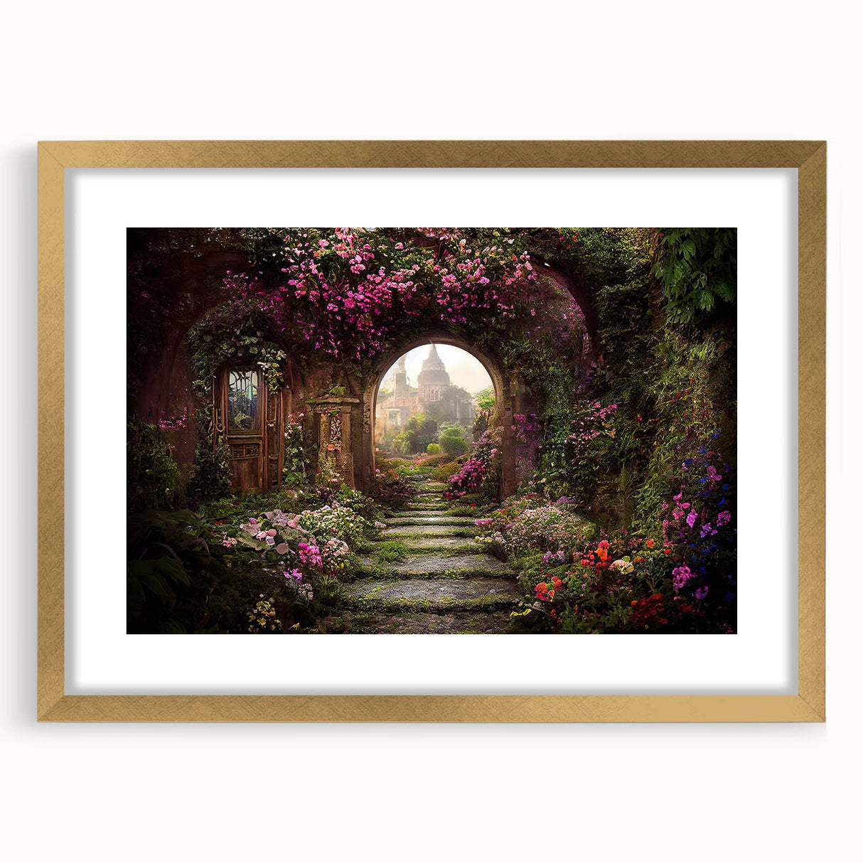 Elegant gold-framed wall art featuring a serene landscape design with lush gardens, adding a touch of sophistication to home decor. Ideal for enhancing living spaces.